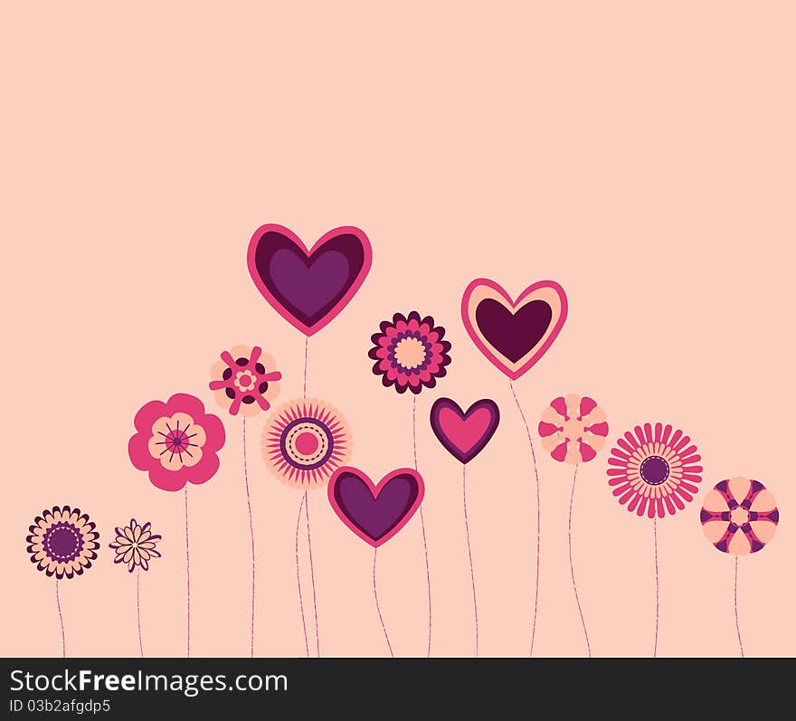 Group of abstract flowers and hearts