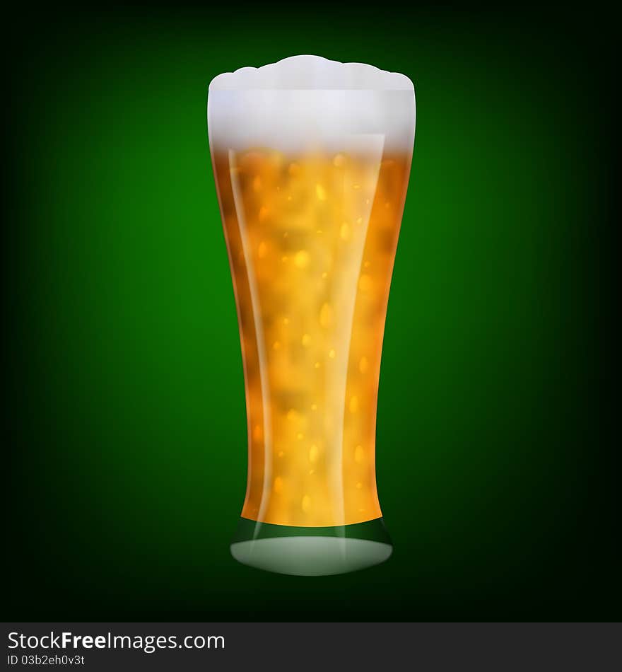 Transparent glass beer on a green background