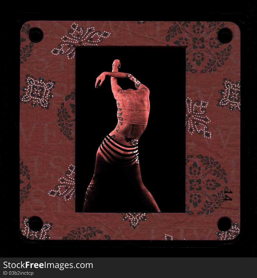 Conceptual photocollage with framed female figure in red textured background. Conceptual photocollage with framed female figure in red textured background