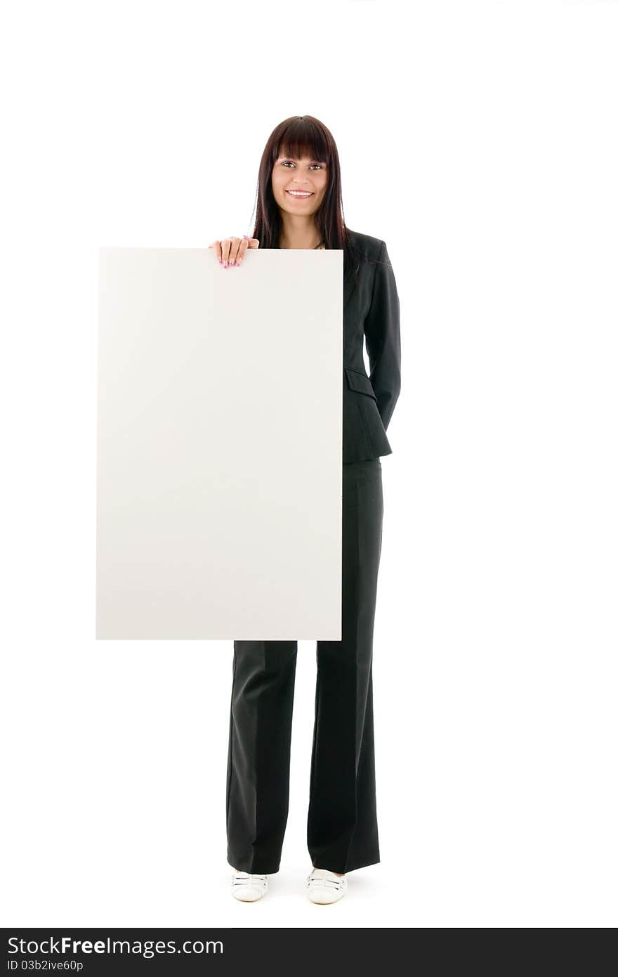 Woman and blank space, on white background.