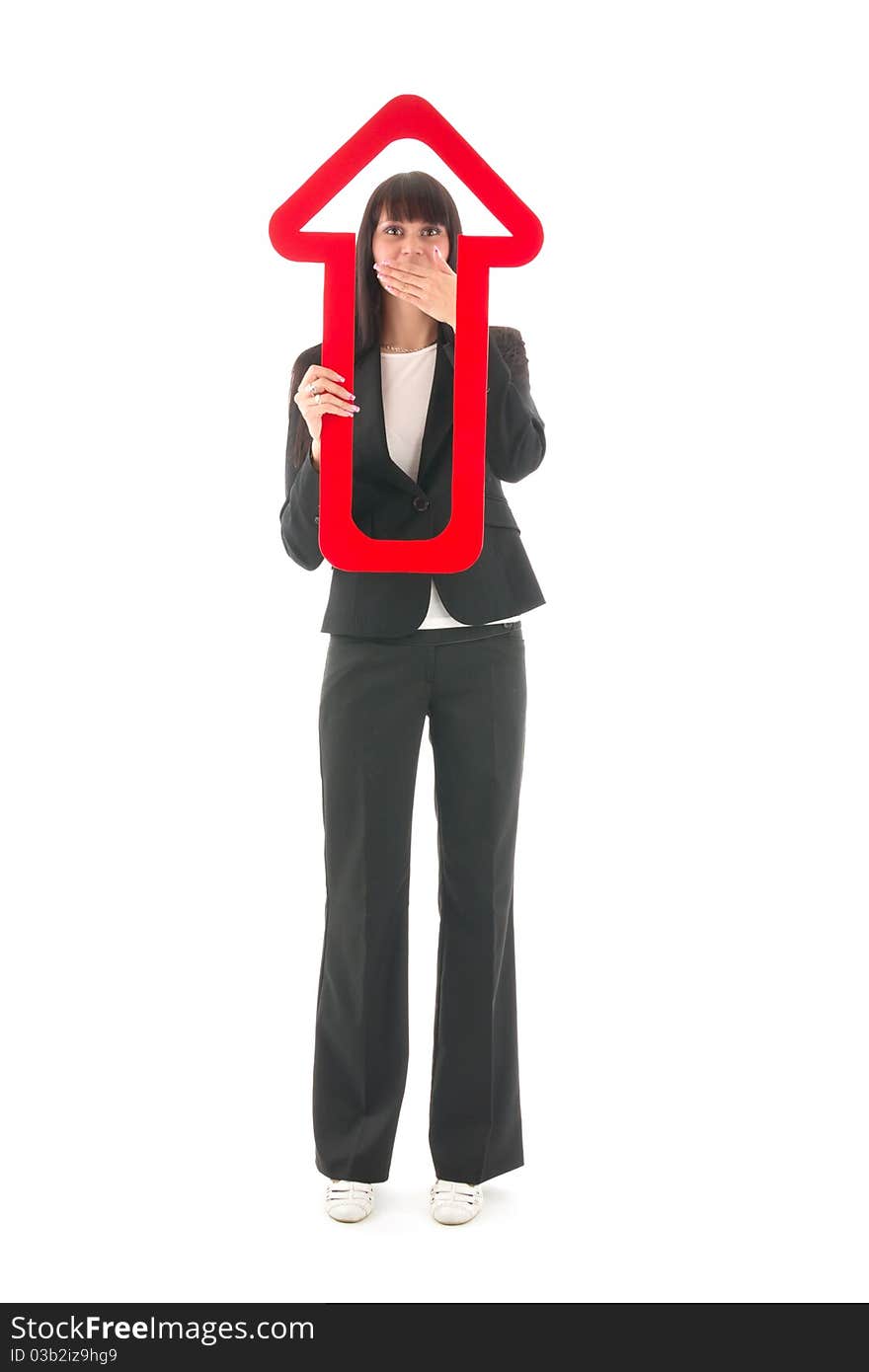 Woman indicant up red arrow, sign positive making, on white background. Woman indicant up red arrow, sign positive making, on white background.