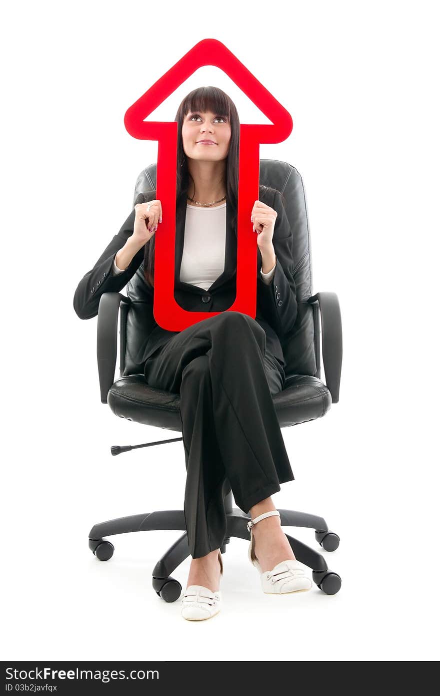 Businesswoman sits in headchair with red upward arrow, on white background. Businesswoman sits in headchair with red upward arrow, on white background.