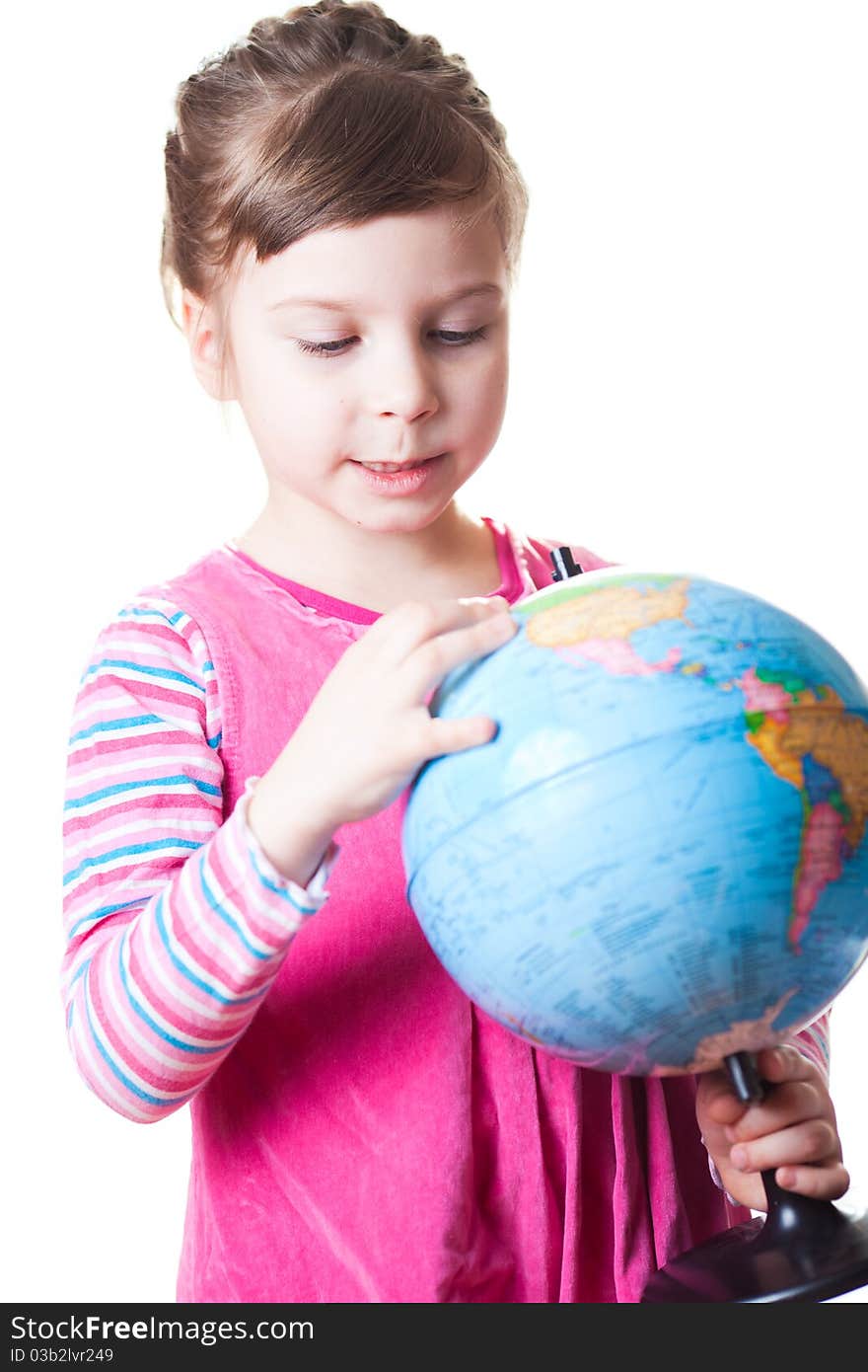 Girl holding globe. Isolated on white