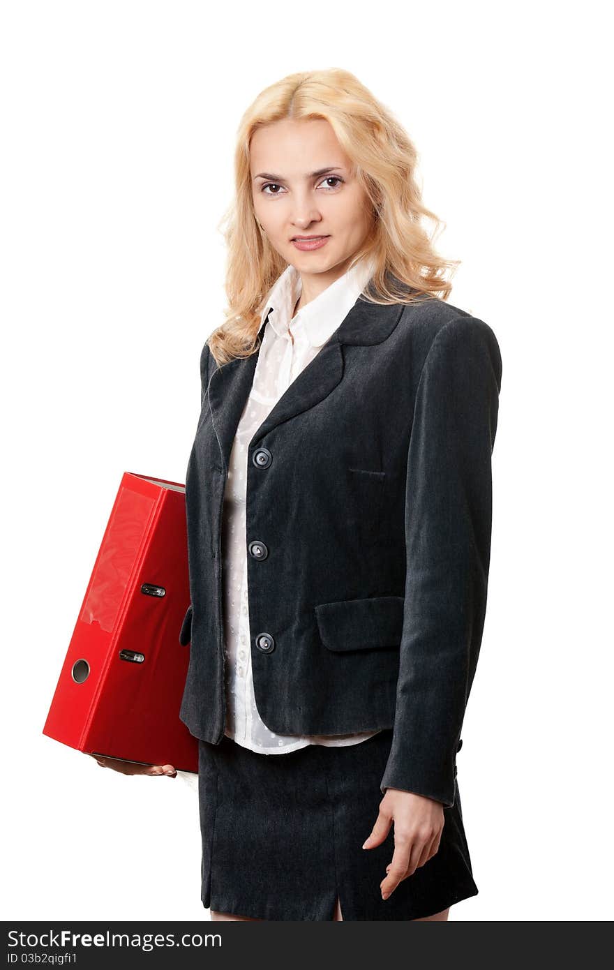 Business girl with a red office folder on a white background. Business girl with a red office folder on a white background