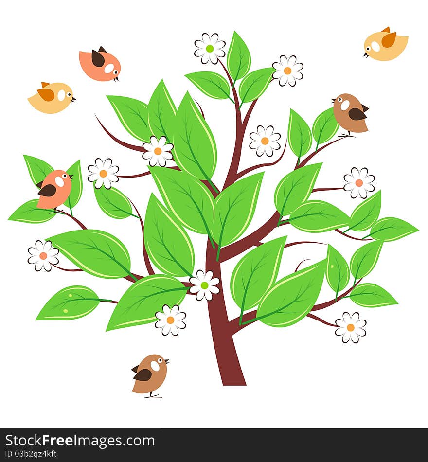 Stylized tree with green leaves and flying birds