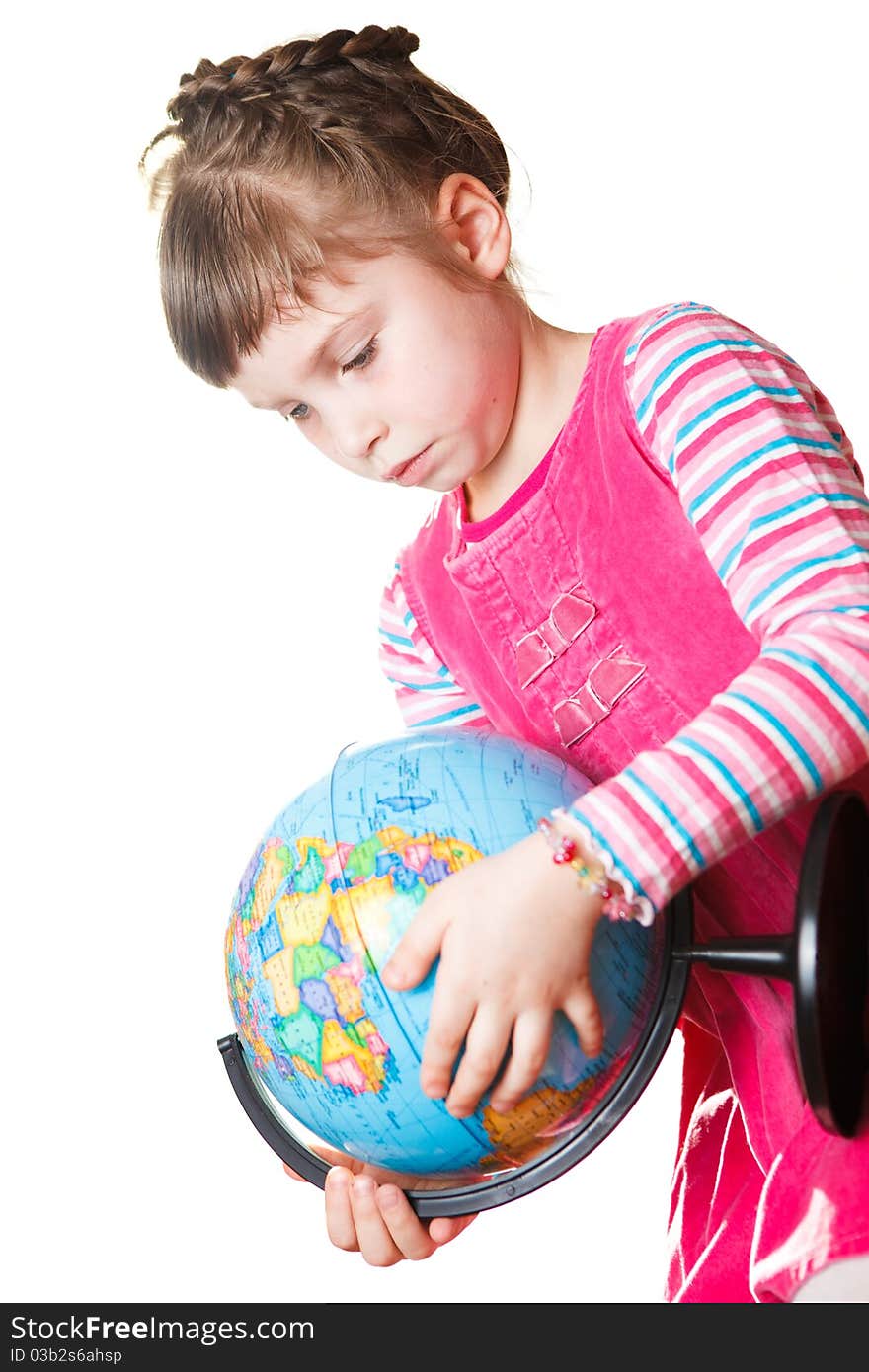 Girl holding globe. Isolated on white