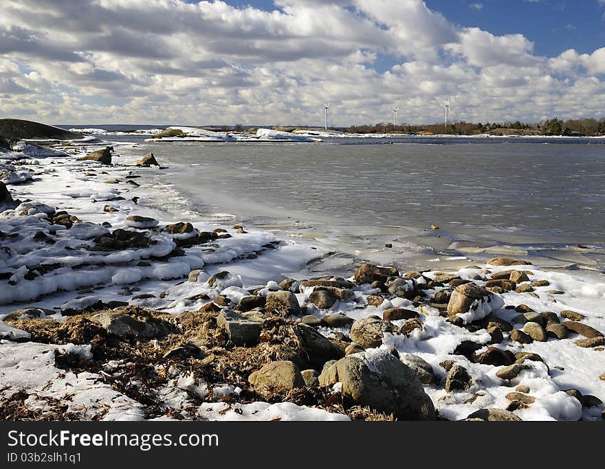 Baltic shore landscape with wind turbines. Baltic shore landscape with wind turbines