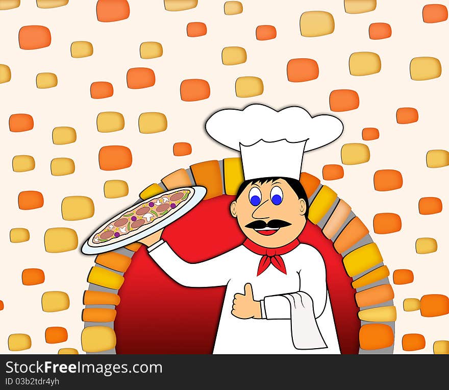 Pizza and chef on a background