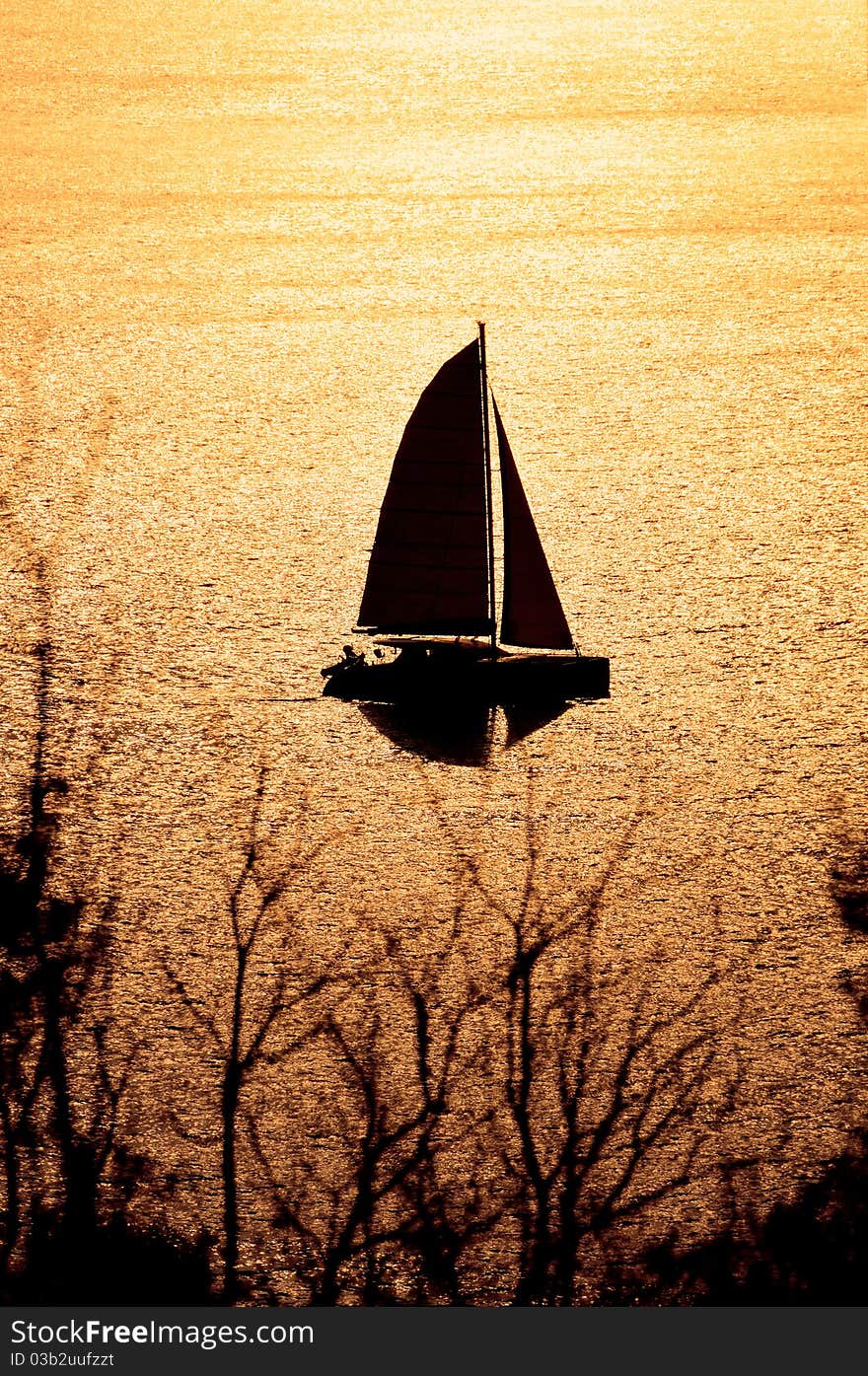 Silhouette of catamaran on sunset with copy space