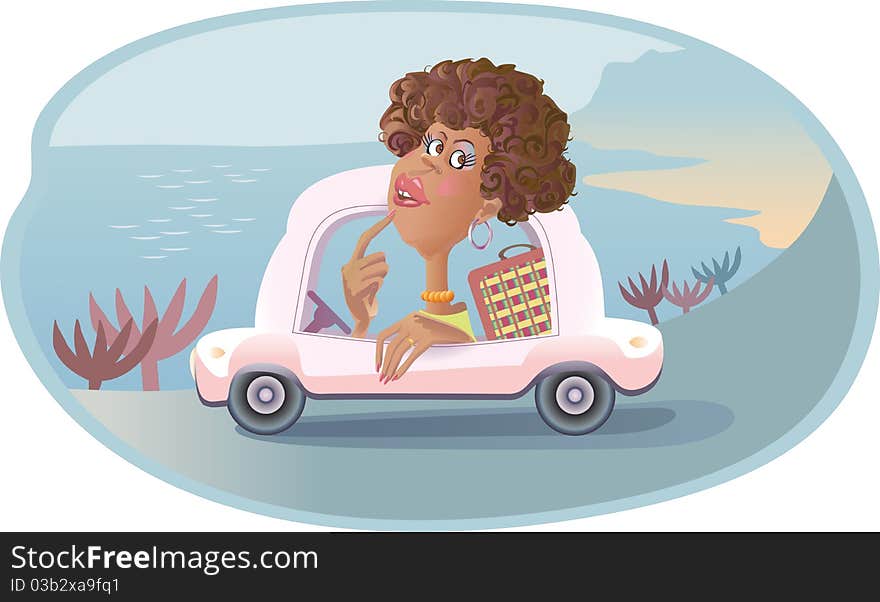 Brunette on a pink car is going to rest to the sea. Brunette on a pink car is going to rest to the sea