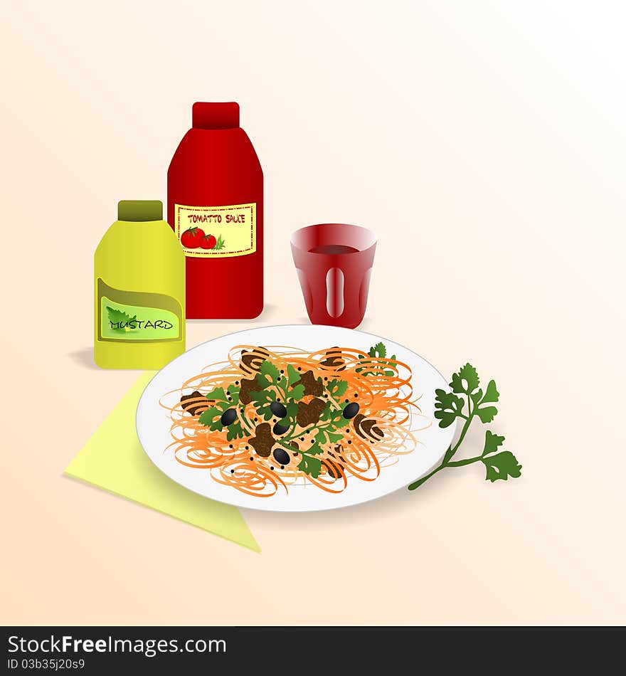 Plate with spaghetti, bottles with ketchup and mustard, glass of wine, parsley leaves, vector format. Plate with spaghetti, bottles with ketchup and mustard, glass of wine, parsley leaves, vector format