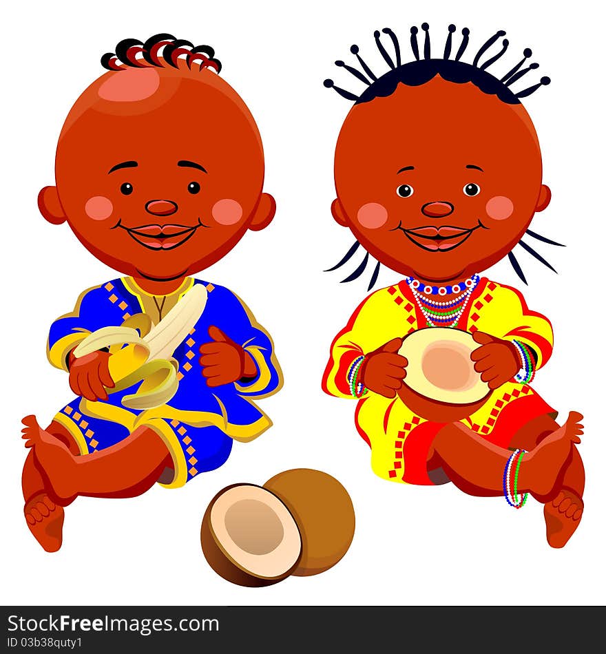 Vector African kids with coconut and bananas