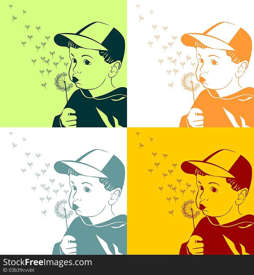 Vector Little boy blowing on a dandelion