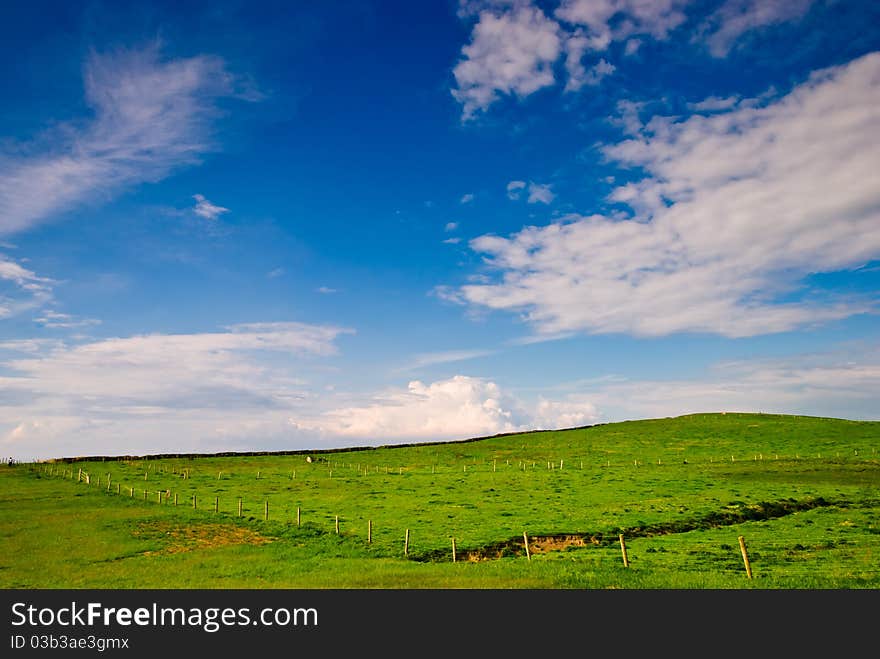 Meadow Under Blue And Cloudy Sky In Ireland