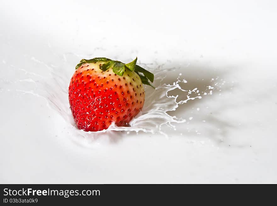 Strawberry falling in Milk, fast action shot. Strawberry falling in Milk, fast action shot