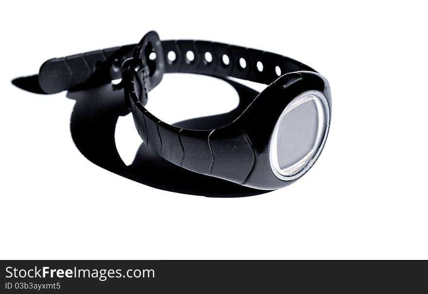 A black digital watch on a white background