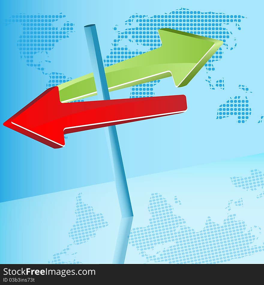 Illustration, red and green arrows on background of the map of the world. Illustration, red and green arrows on background of the map of the world