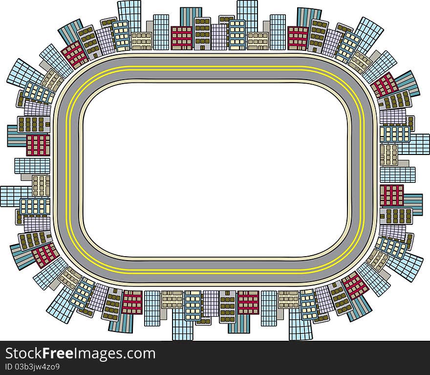 A cartoon city and street in a rectangular shape. A cartoon city and street in a rectangular shape.