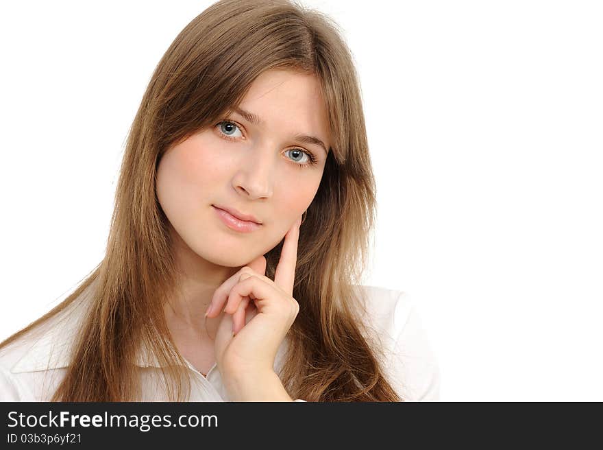 Portrait of a young woman over white background