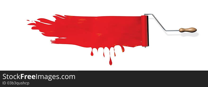 Red paint roller on white wall