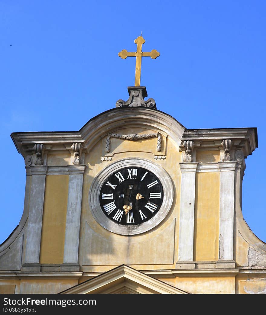 Close up of St. Ladislaus Church Tower in Oradea, Romania