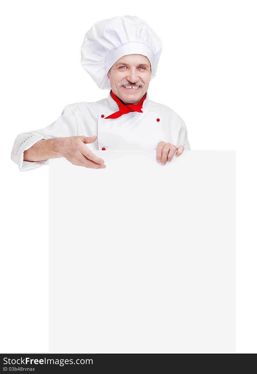 Senior chef in white uniform with blank sign, studio shot