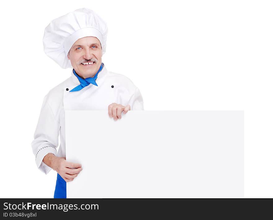 Senior chef in white uniform with blank sign, studio shot