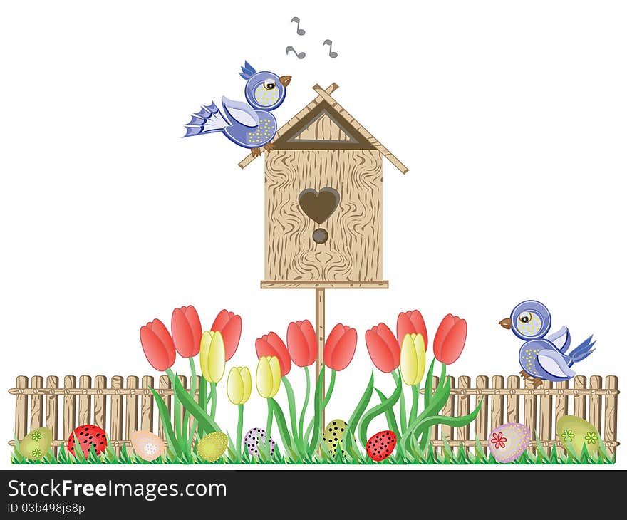 Easter background with blue birds fence and birdhouse