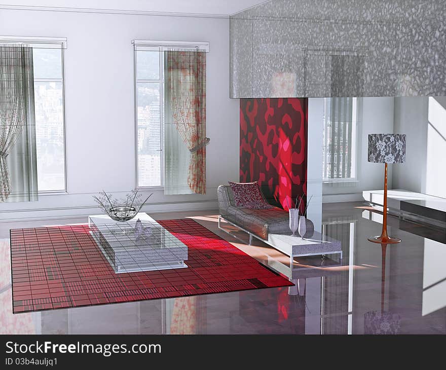 Modern home 3d interior with wire.