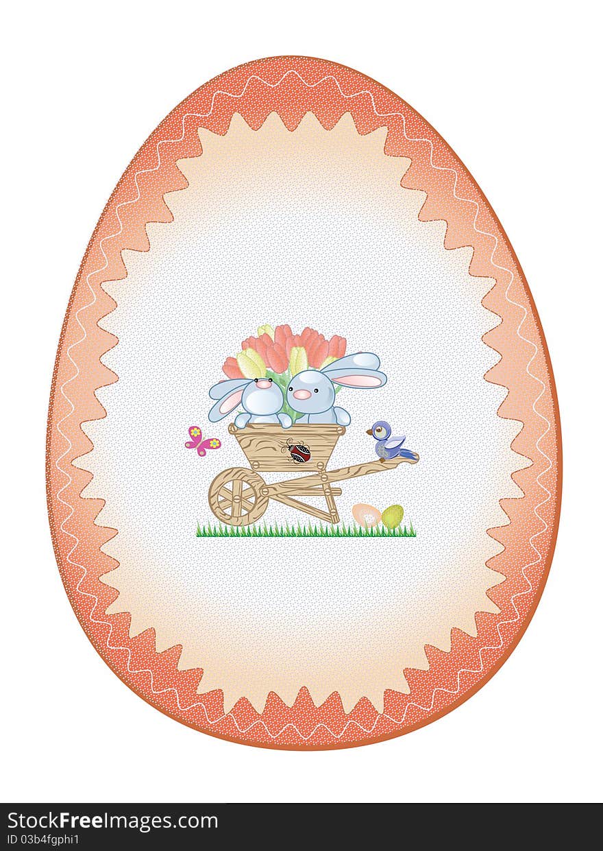 Easter background-egg with blue bunnies in the handcart and bird. Easter background-egg with blue bunnies in the handcart and bird