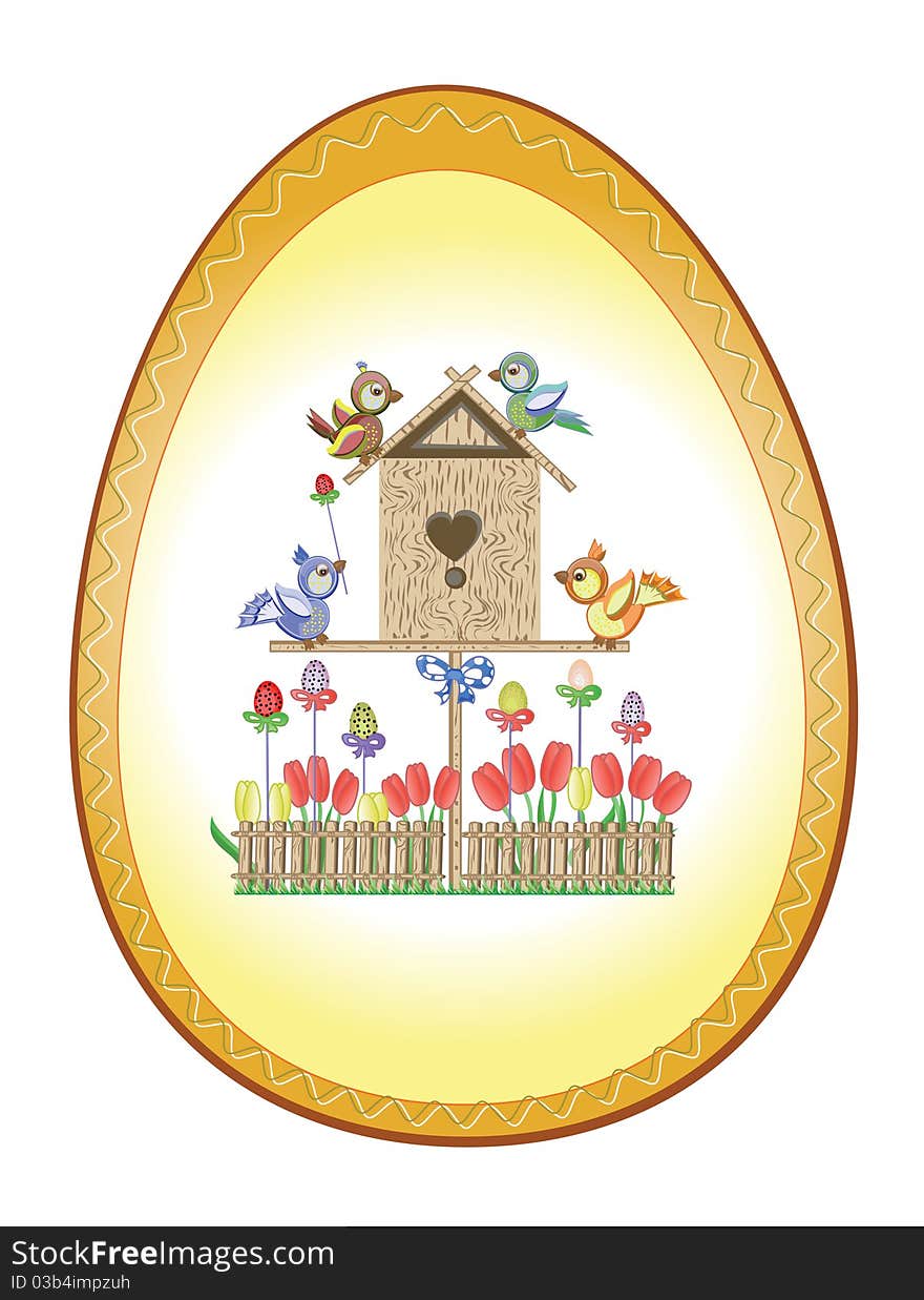 Easter background -egg with birds ,fence and birdhouse. Easter background -egg with birds ,fence and birdhouse