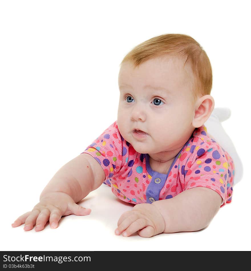 A sweet happy baby 3 month young. Resting on af white background.