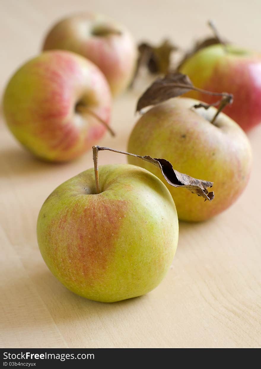 Fall fresh harvested apples on wooden board