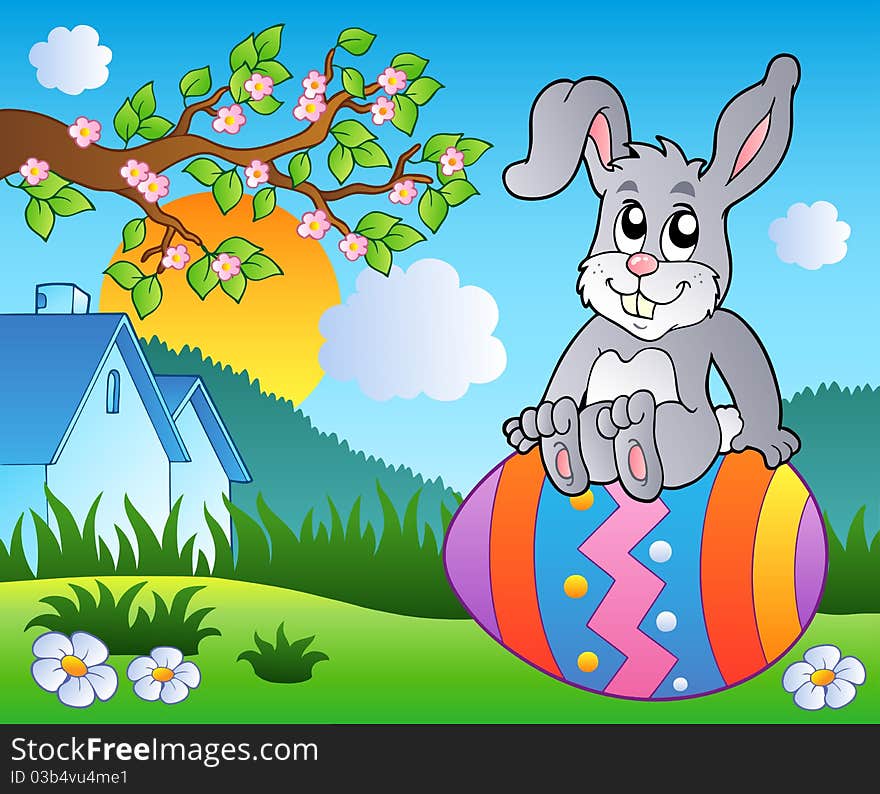 Meadow with bunny on Easter egg - illustration.