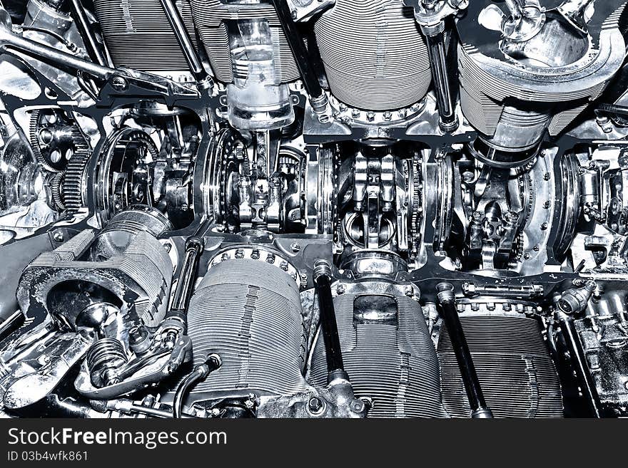 Close up on an airplane engine.