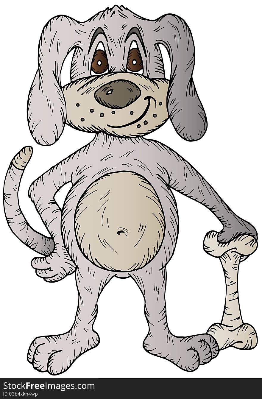 Hand drawn illustration of a cartoon dog and bone