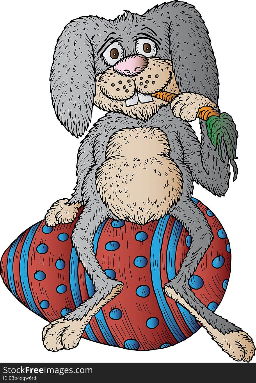 Hand drawn illustration of an easter bunny sitting on an easter egg