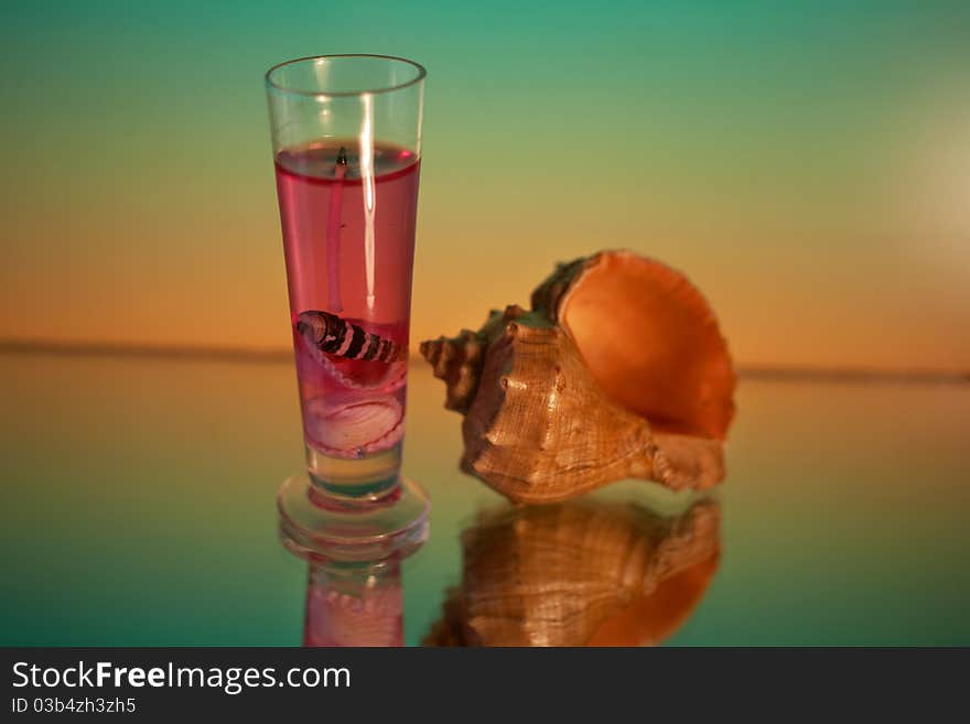 Candle and shell on a green background