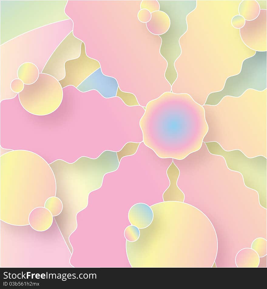 Abstract illustration with daisy shapes, circles, and curves in pastel shades of yellow, green, blue, and pink. Abstract illustration with daisy shapes, circles, and curves in pastel shades of yellow, green, blue, and pink