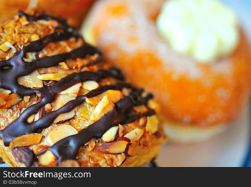 Closeup shot of freshly baked chocolate danish for a tasty breakfast. Closeup shot of freshly baked chocolate danish for a tasty breakfast.