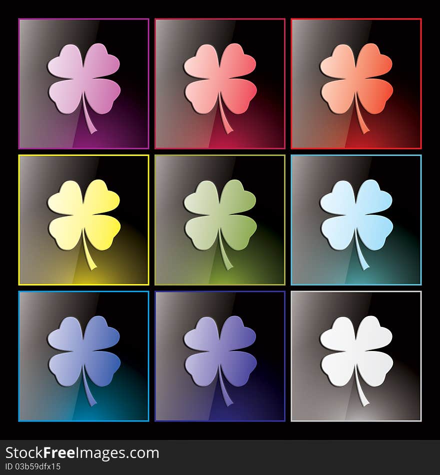 Buttons with lucky clover in nine different colors. Buttons with lucky clover in nine different colors