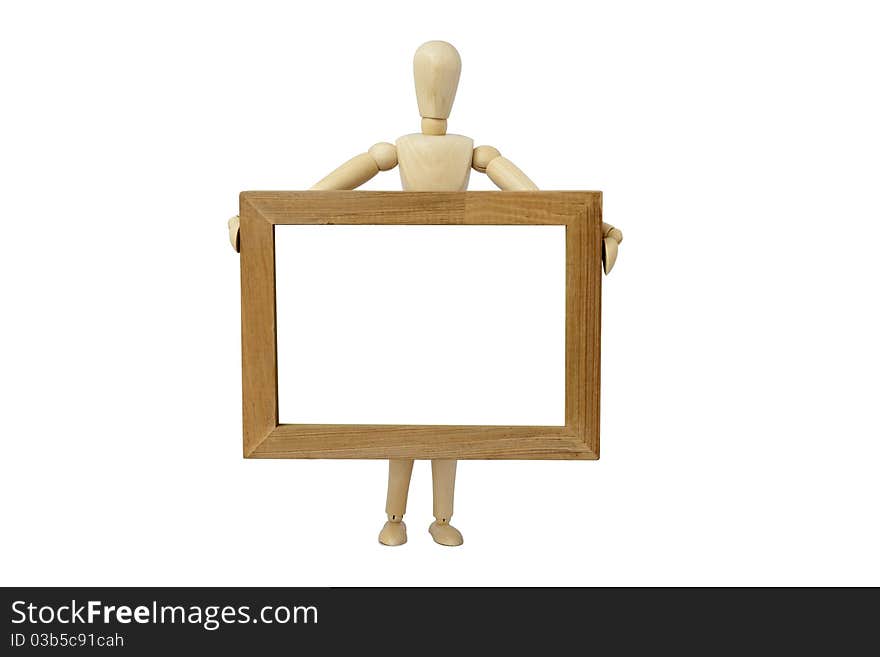 Wooden concept of mannequin in pose with wood frame. Wooden concept of mannequin in pose with wood frame