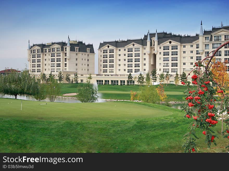 Golf course panoramic scene. Kazakhstan.