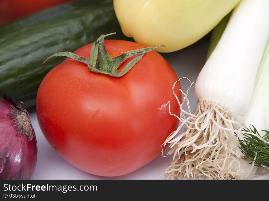 Raw vegetables with tomato, onion, cucumber, pepper and dill