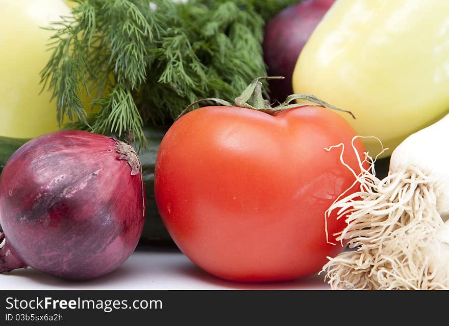 Raw vegetables with tomato, onion, cucumber, pepper and dill