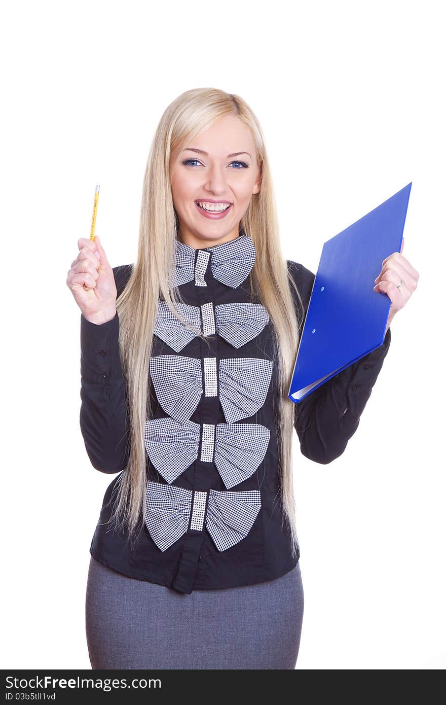 Positive business woman with pencil and folder smiling over white background