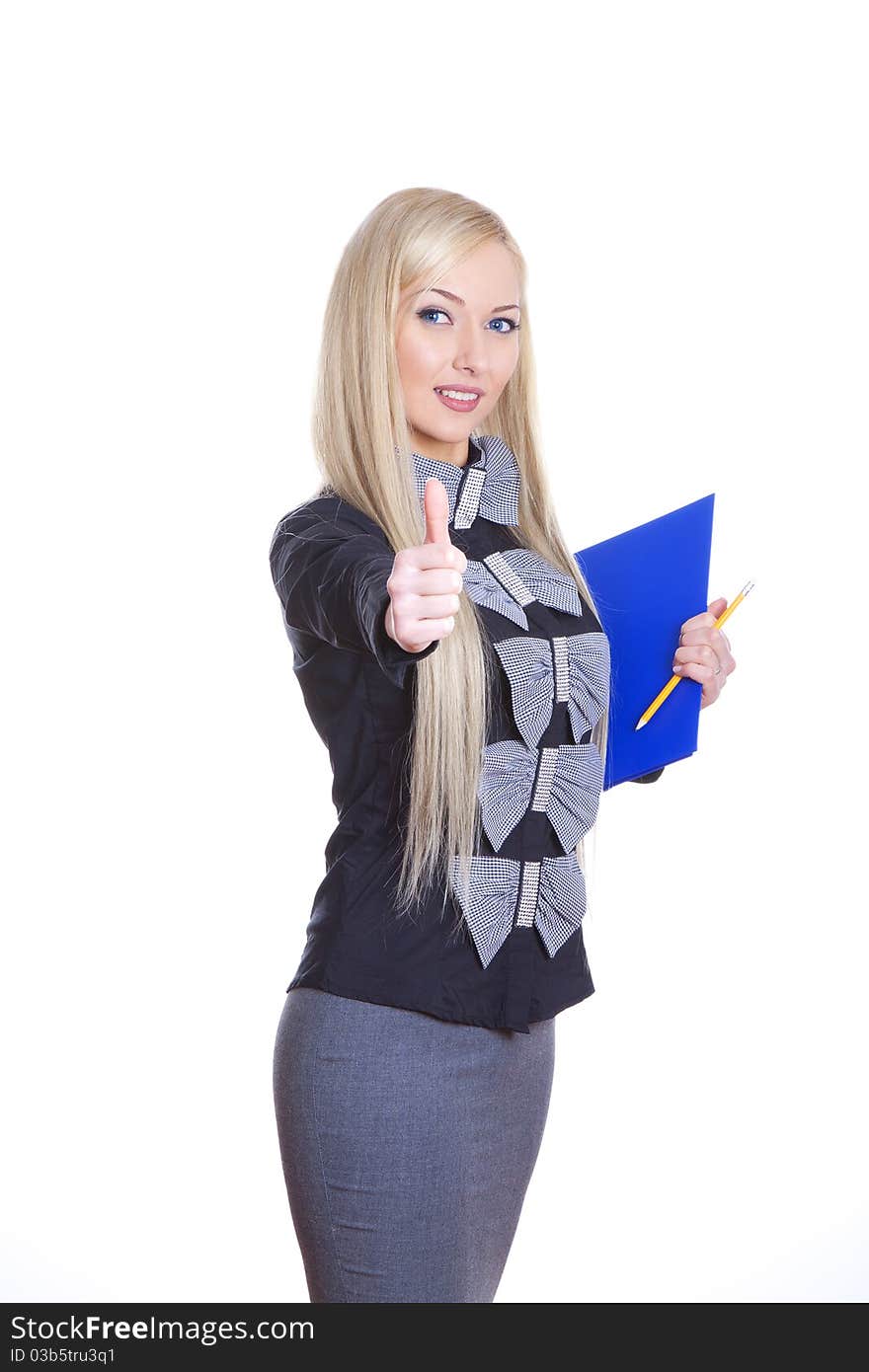 Positive business woman with pencil and folder smiling gesturing a thumbs up sign over white background