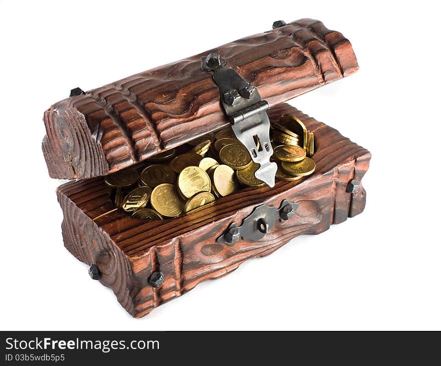 Chest filled by coins and money. Chest filled by coins and money