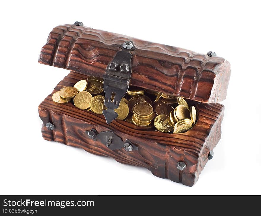 Chest filled by coins and money. Chest filled by coins and money