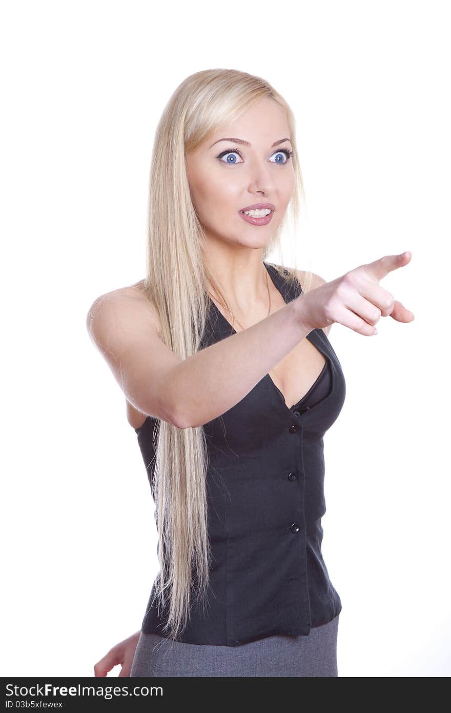 Positive business woman with folder over white background pointing her finger. Positive business woman with folder over white background pointing her finger